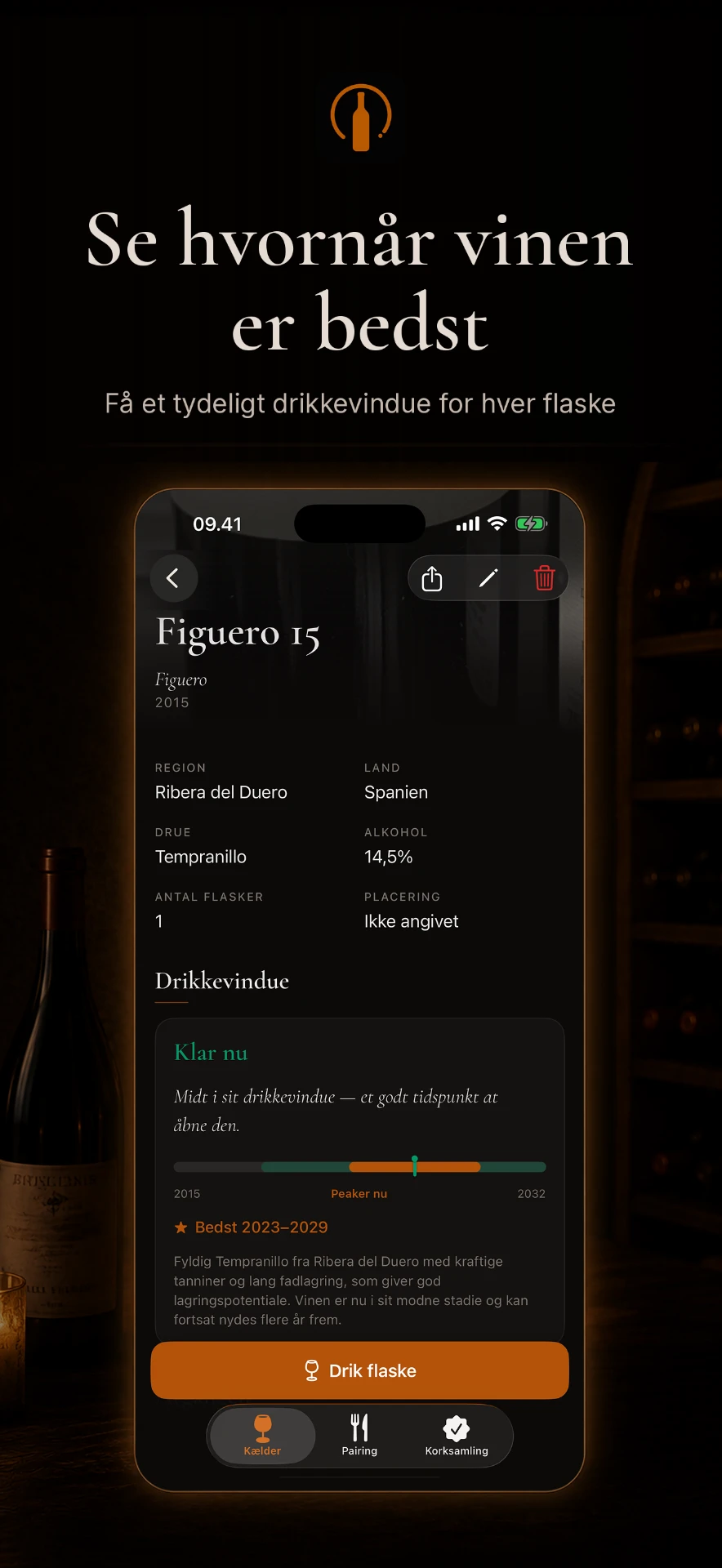 Coco Vino drikkevindue der viser hvornår en flaske er klar