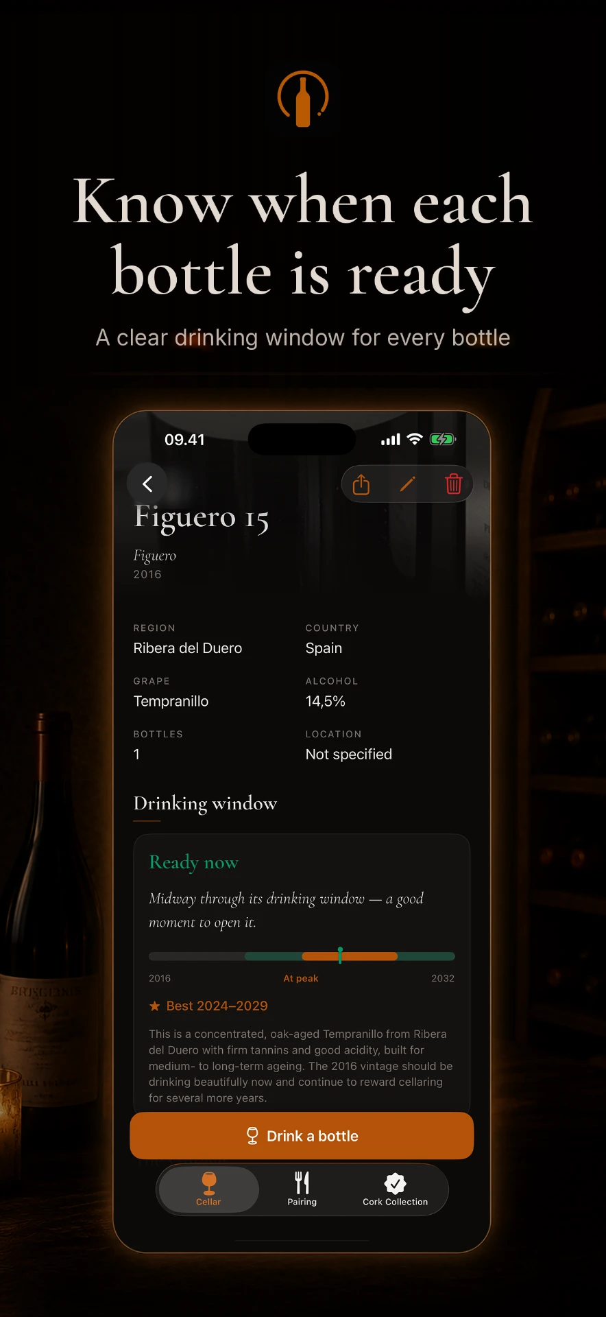 Coco Vino drinking window showing when a bottle is ready